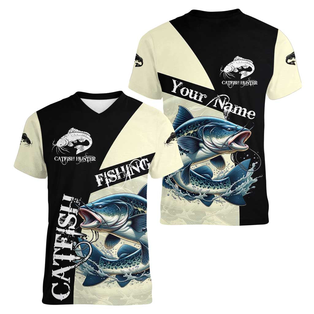 Catfish Fishing Customize Name Women V-Neck T-Shirt Splash Effect and Black Cream Split Design - Wonder Print Shop