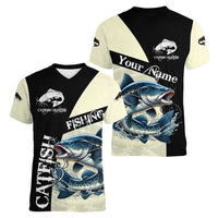 Catfish Fishing Customize Name Women V-Neck T-Shirt Splash Effect and Black Cream Split Design - Wonder Print Shop