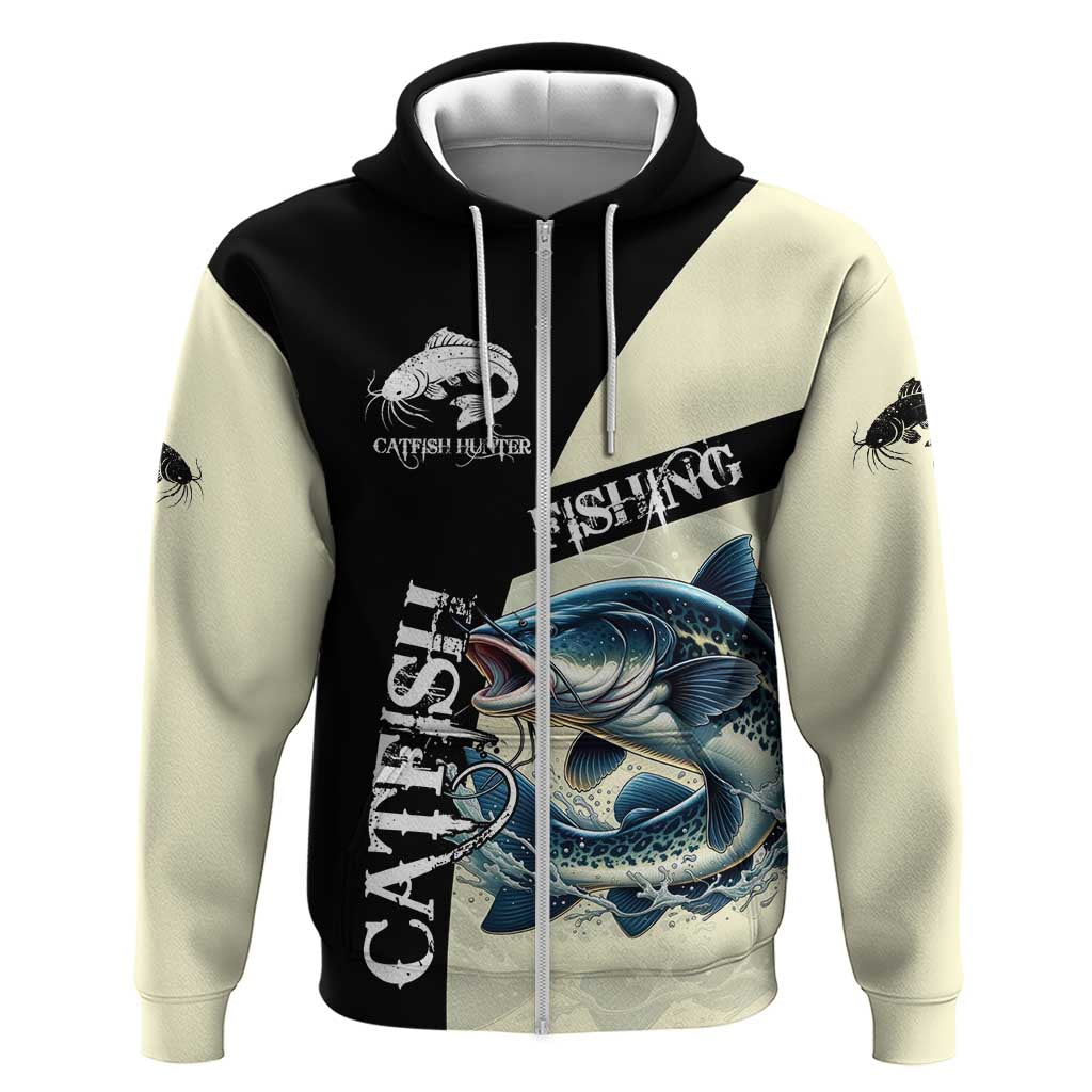 Catfish Fishing Customize Name Zip Hoodie Splash Effect and Black Cream Split Design - Wonder Print Shop