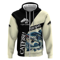 Catfish Fishing Customize Name Zip Hoodie Splash Effect and Black Cream Split Design - Wonder Print Shop
