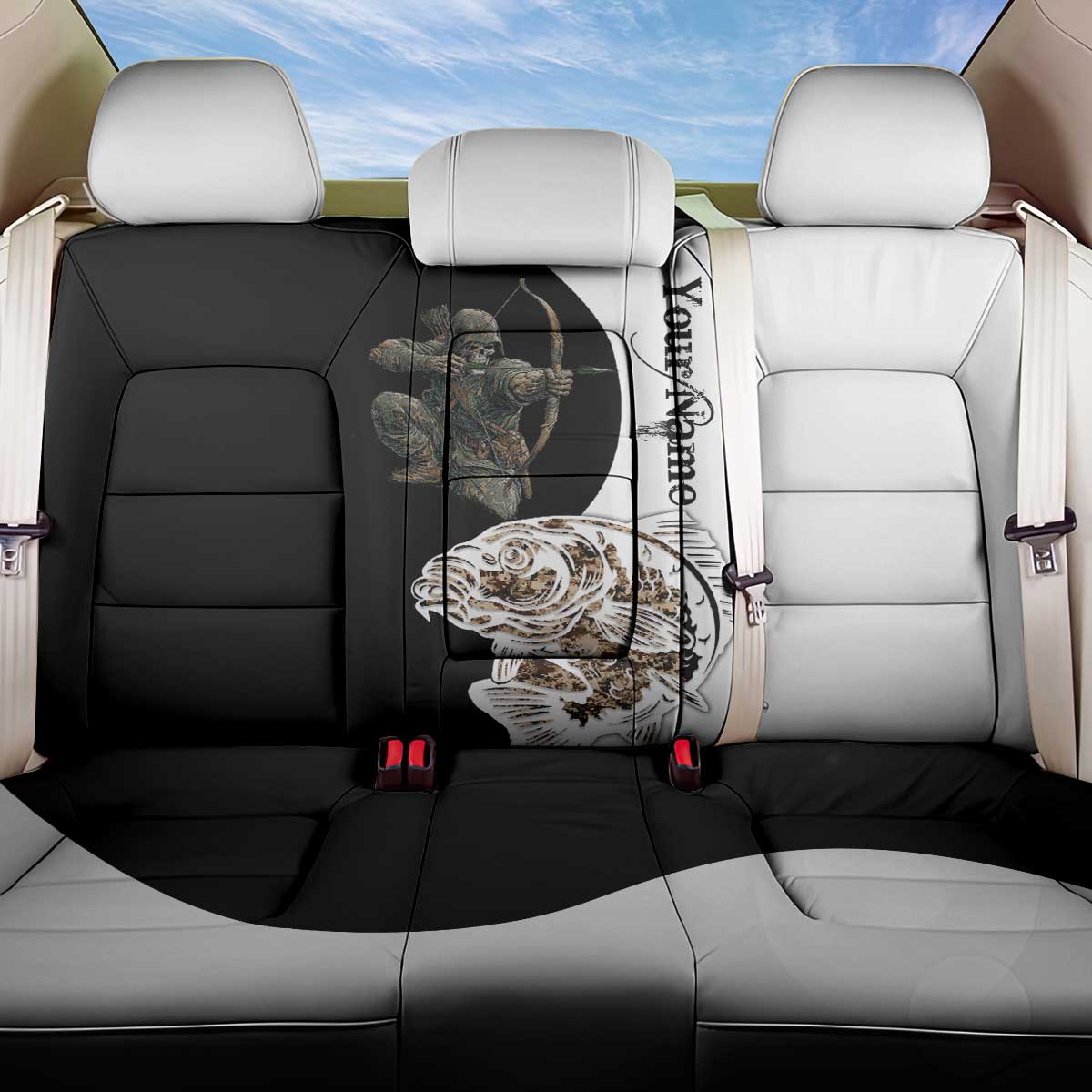 Carp Hunter Bowfishing Customize Name Back Car Seat Cover Camouflage Archer Graphic and Black White Split Layout - Wonder Print Shop