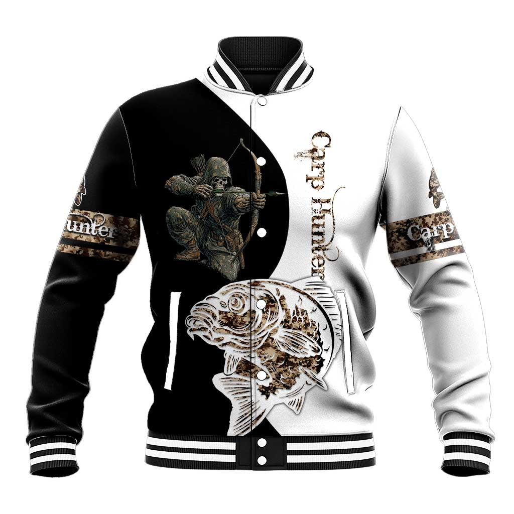 Carp Hunter Bowfishing Customize Name Baseball Jacket Camouflage Archer Graphic and Black White Split Layout - Wonder Print Shop