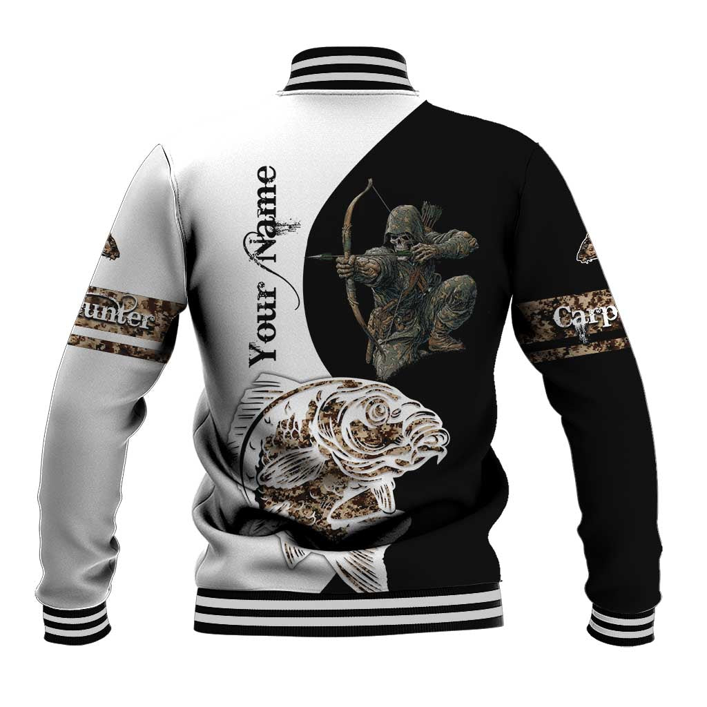 Carp Hunter Bowfishing Customize Name Baseball Jacket Camouflage Archer Graphic and Black White Split Layout - Wonder Print Shop