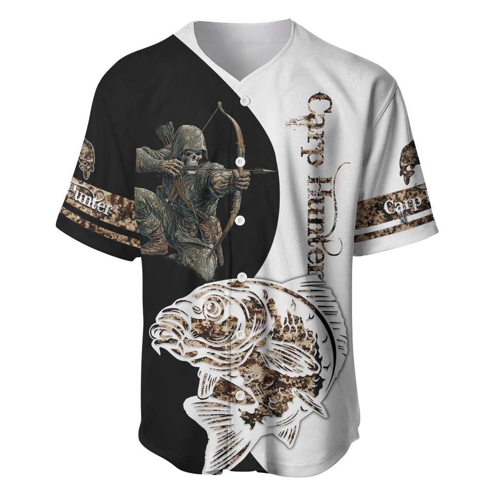 Carp Hunter Bowfishing Customize Name Baseball Jersey Camouflage Archer Graphic and Black White Split Layout - Wonder Print Shop