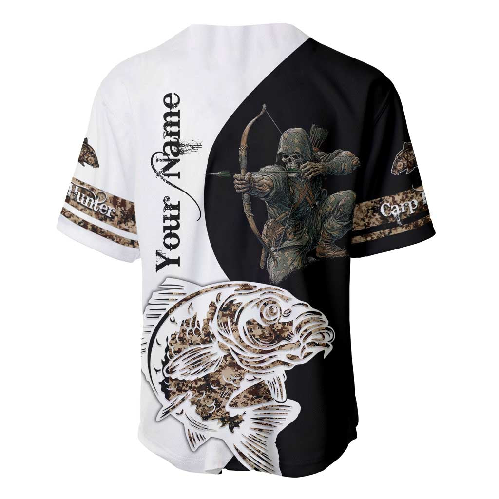 Carp Hunter Bowfishing Customize Name Baseball Jersey Camouflage Archer Graphic and Black White Split Layout - Wonder Print Shop