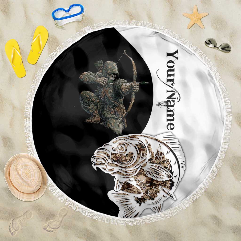 Carp Hunter Bowfishing Customize Name Beach Blanket Camouflage Archer Graphic and Black White Split Layout - Wonder Print Shop