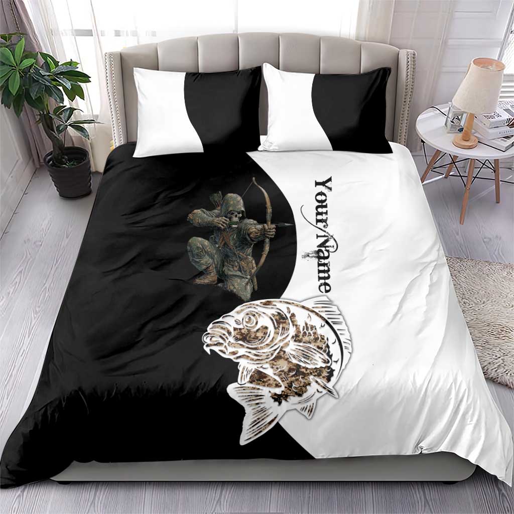 Carp Hunter Bowfishing Customize Name Bedding Set Camouflage Archer Graphic and Black White Split Layout - Wonder Print Shop