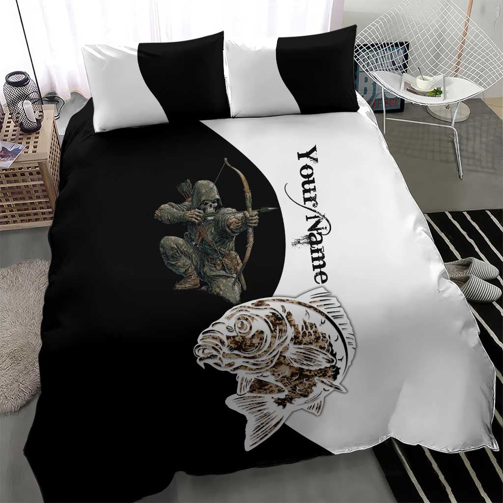Carp Hunter Bowfishing Customize Name Bedding Set Camouflage Archer Graphic and Black White Split Layout - Wonder Print Shop