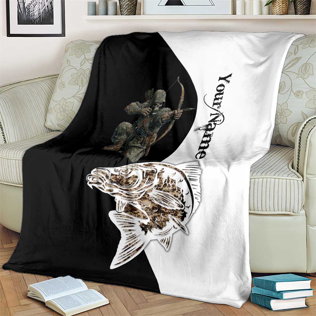 Carp Hunter Bowfishing Customize Name Blanket Camouflage Archer Graphic and Black White Split Layout - Wonder Print Shop