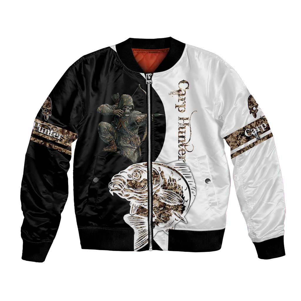 Carp Hunter Bowfishing Customize Name Bomber Jacket Camouflage Archer Graphic and Black White Split Layout - Wonder Print Shop