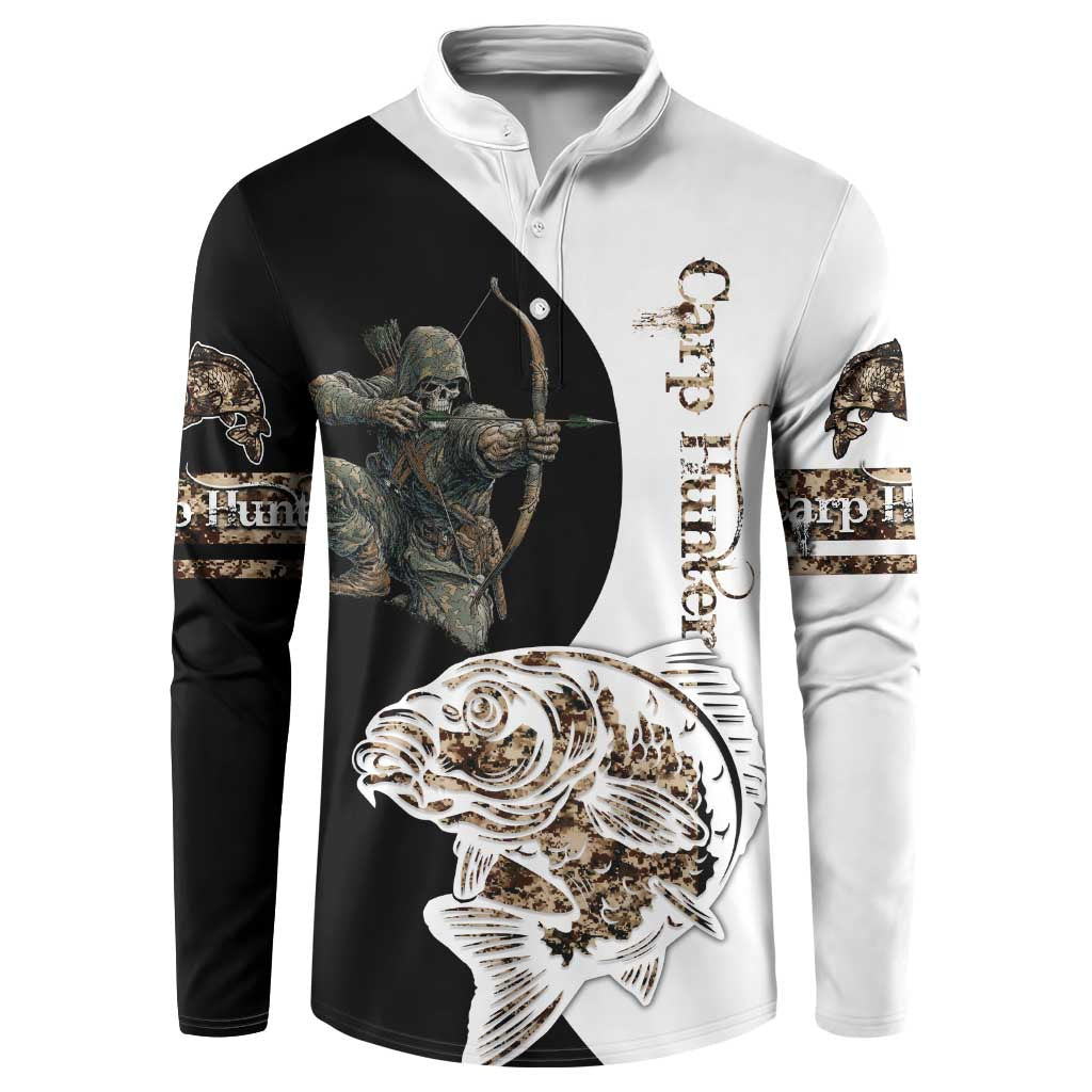 Carp Hunter Bowfishing Customize Name Button Sweatshirt Camouflage Archer Graphic and Black White Split Layout - Wonder Print Shop