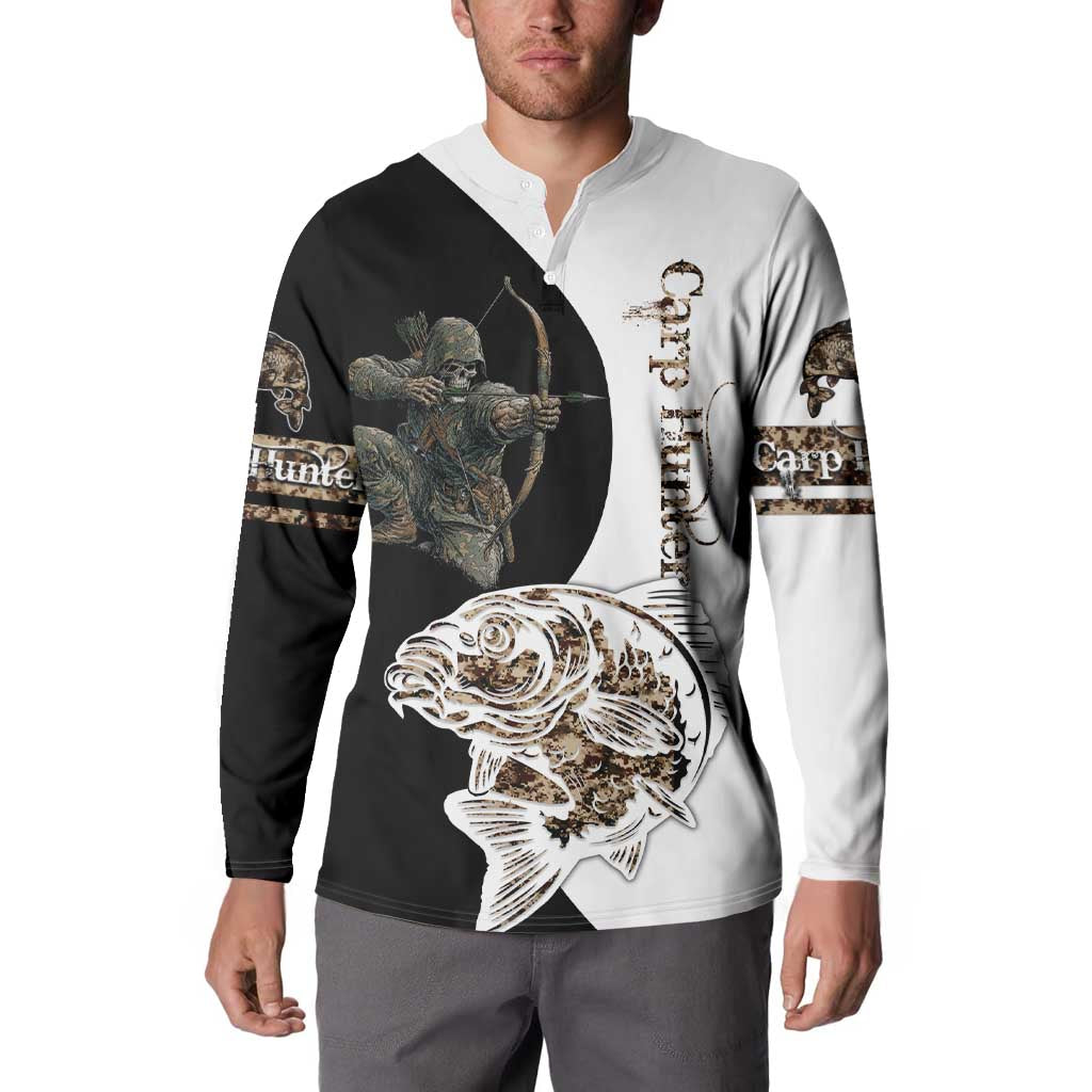 Carp Hunter Bowfishing Customize Name Button Sweatshirt Camouflage Archer Graphic and Black White Split Layout - Wonder Print Shop