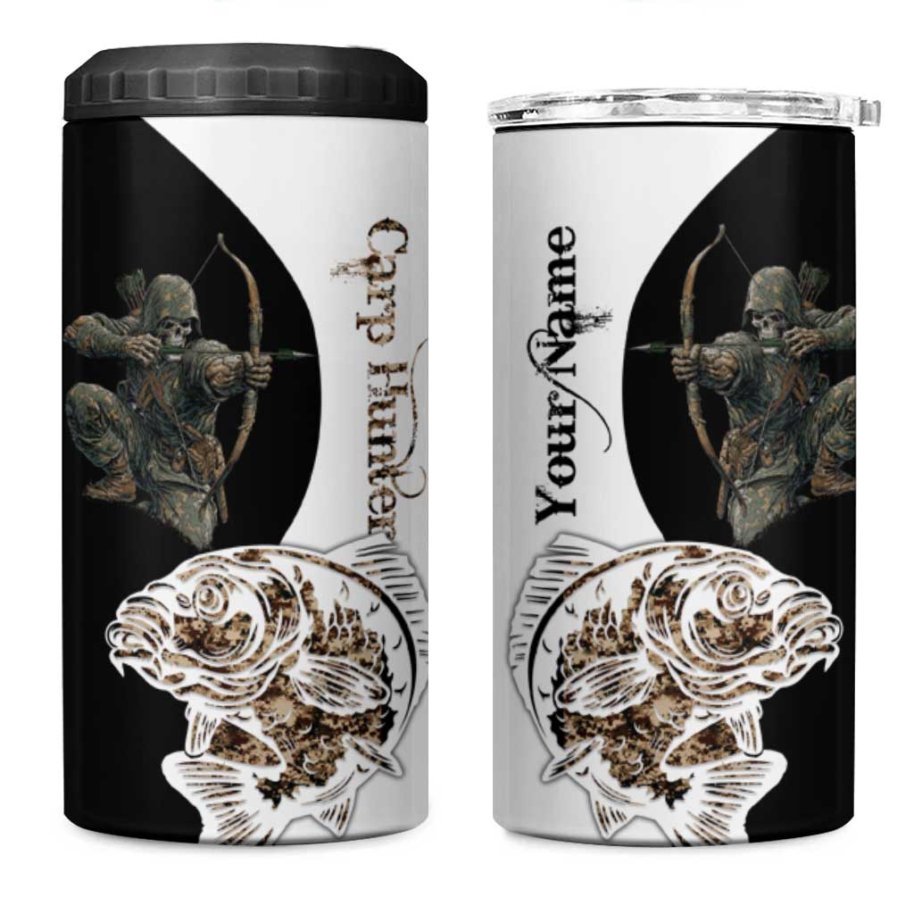 Carp Hunter Bowfishing Customize Name 4 in 1 Can Cooler Tumbler Camouflage Archer Graphic and Black White Split Layout - Wonder Print Shop