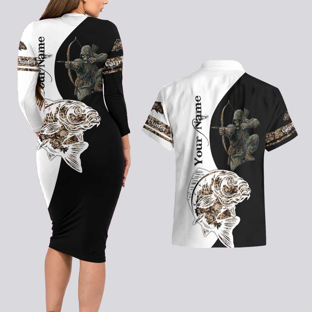 Carp Hunter Bowfishing Customize Name Couples Matching Long Sleeve Bodycon Dress and Hawaiian Shirt Camouflage Archer Graphic and Black White Split Layout - Wonder Print Shop