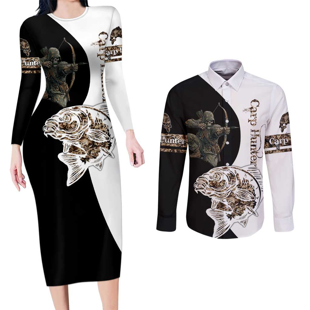 Carp Hunter Bowfishing Customize Name Couples Matching Long Sleeve Bodycon Dress and Long Sleeve Button Shirt Camouflage Archer Graphic and Black White Split Layout - Wonder Print Shop