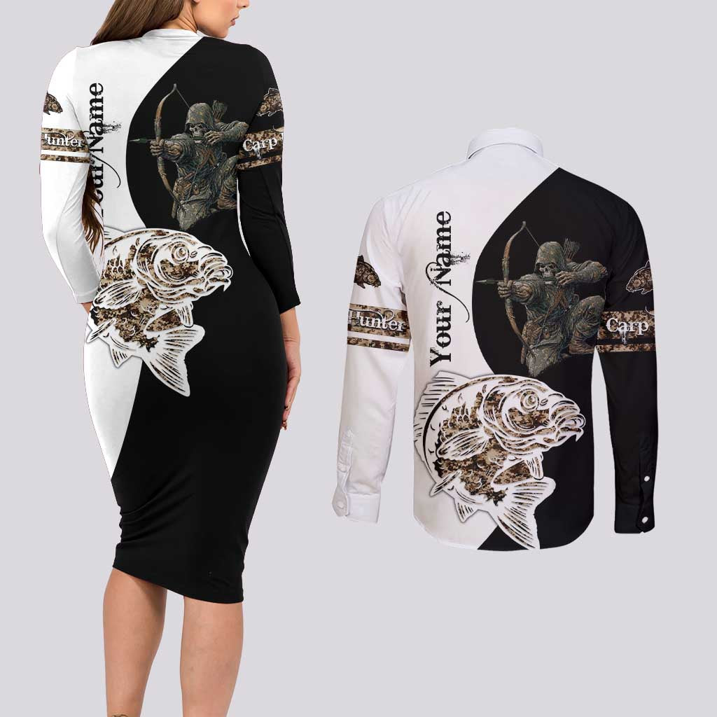 Carp Hunter Bowfishing Customize Name Couples Matching Long Sleeve Bodycon Dress and Long Sleeve Button Shirt Camouflage Archer Graphic and Black White Split Layout - Wonder Print Shop