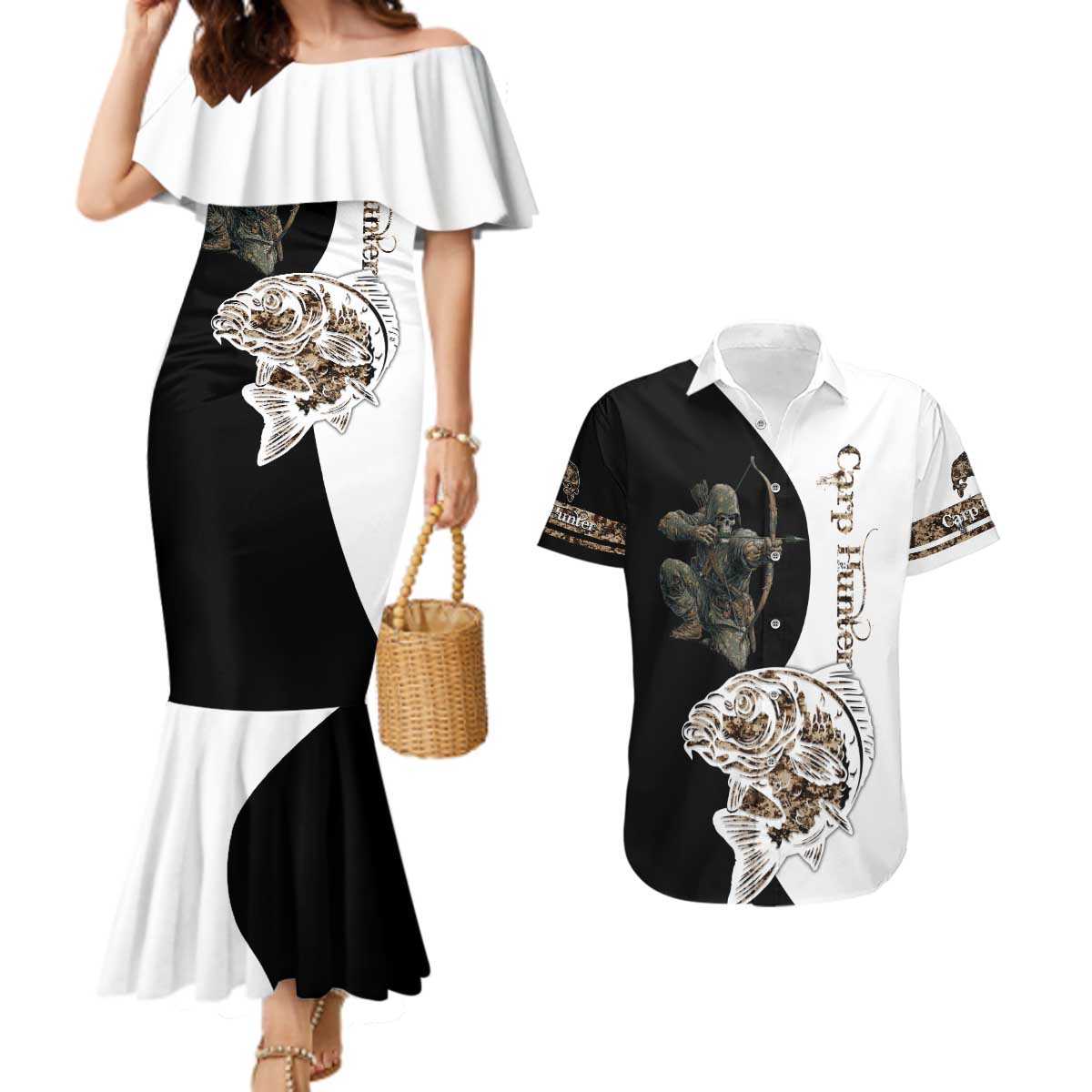 Carp Hunter Bowfishing Customize Name Couples Matching Mermaid Dress and Hawaiian Shirt Camouflage Archer Graphic and Black White Split Layout - Wonder Print Shop