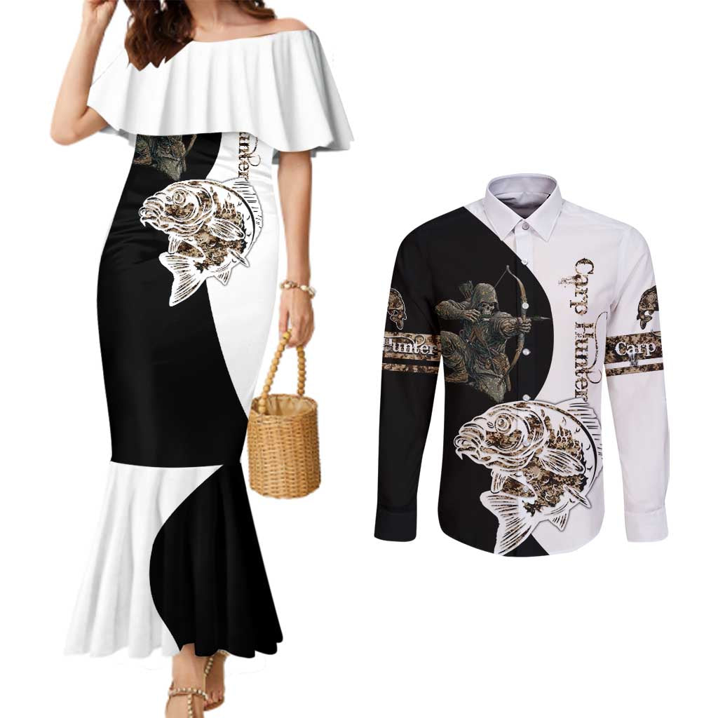 Carp Hunter Bowfishing Customize Name Couples Matching Mermaid Dress and Long Sleeve Button Shirt Camouflage Archer Graphic and Black White Split Layout - Wonder Print Shop