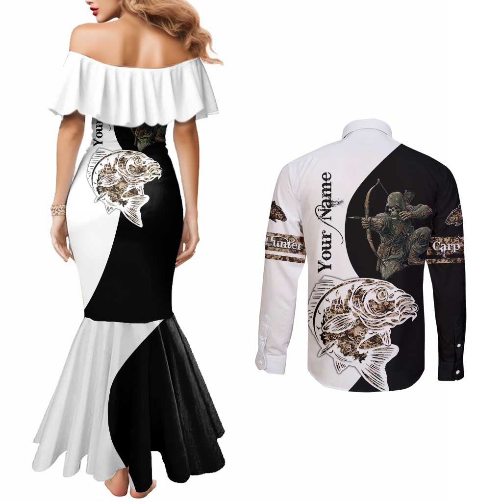 Carp Hunter Bowfishing Customize Name Couples Matching Mermaid Dress and Long Sleeve Button Shirt Camouflage Archer Graphic and Black White Split Layout - Wonder Print Shop