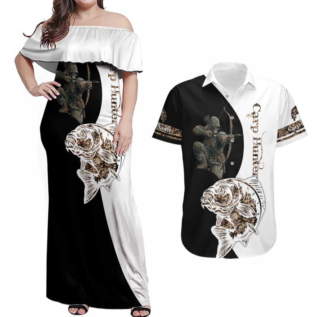 Carp Hunter Bowfishing Customize Name Couples Matching Off Shoulder Maxi Dress and Hawaiian Shirt Camouflage Archer Graphic and Black White Split Layout - Wonder Print Shop