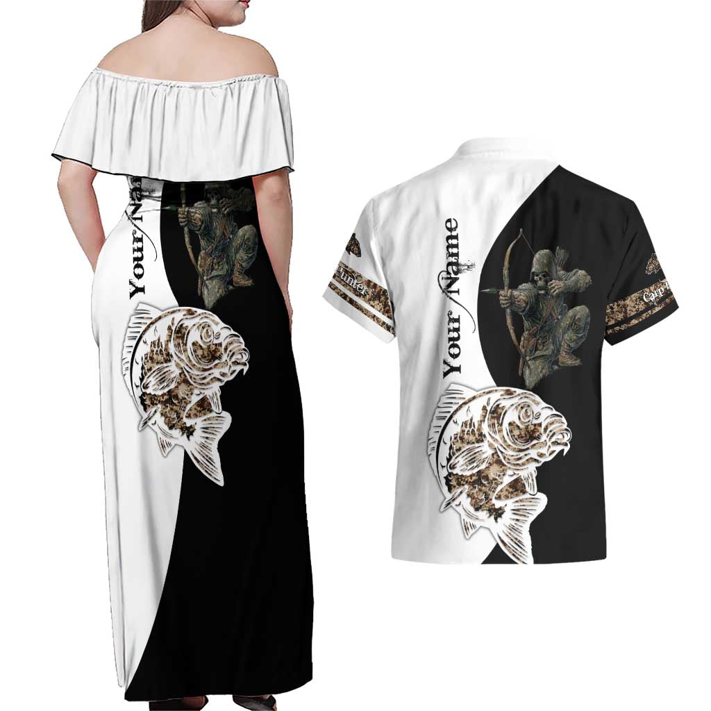Carp Hunter Bowfishing Customize Name Couples Matching Off Shoulder Maxi Dress and Hawaiian Shirt Camouflage Archer Graphic and Black White Split Layout - Wonder Print Shop
