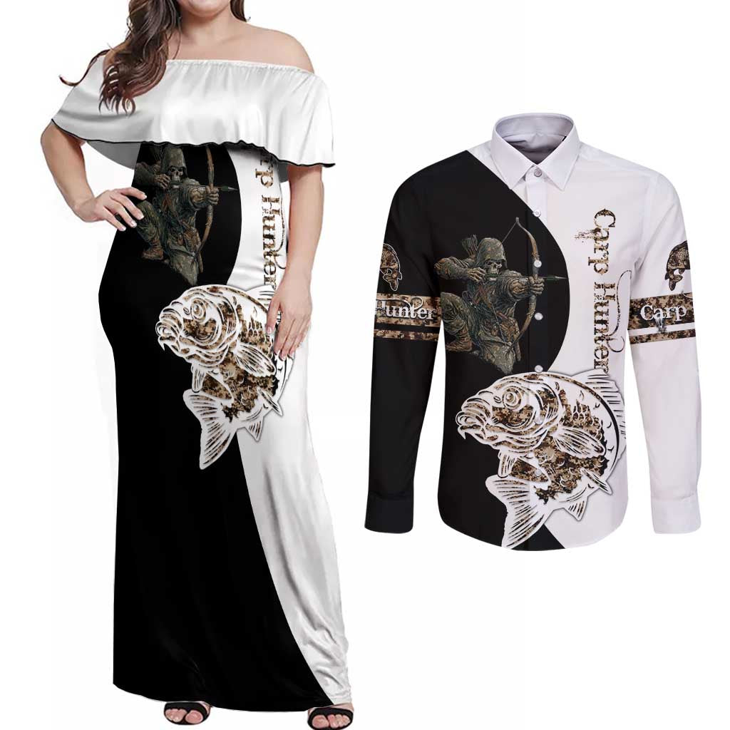 Carp Hunter Bowfishing Customize Name Couples Matching Off Shoulder Maxi Dress and Long Sleeve Button Shirt Camouflage Archer Graphic and Black White Split Layout - Wonder Print Shop