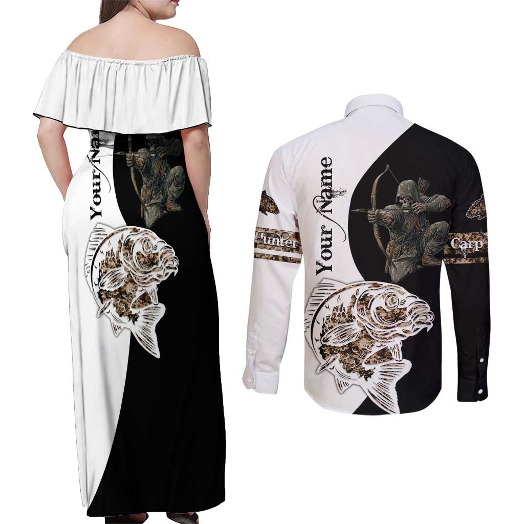 Carp Hunter Bowfishing Customize Name Couples Matching Off Shoulder Maxi Dress and Long Sleeve Button Shirt Camouflage Archer Graphic and Black White Split Layout - Wonder Print Shop