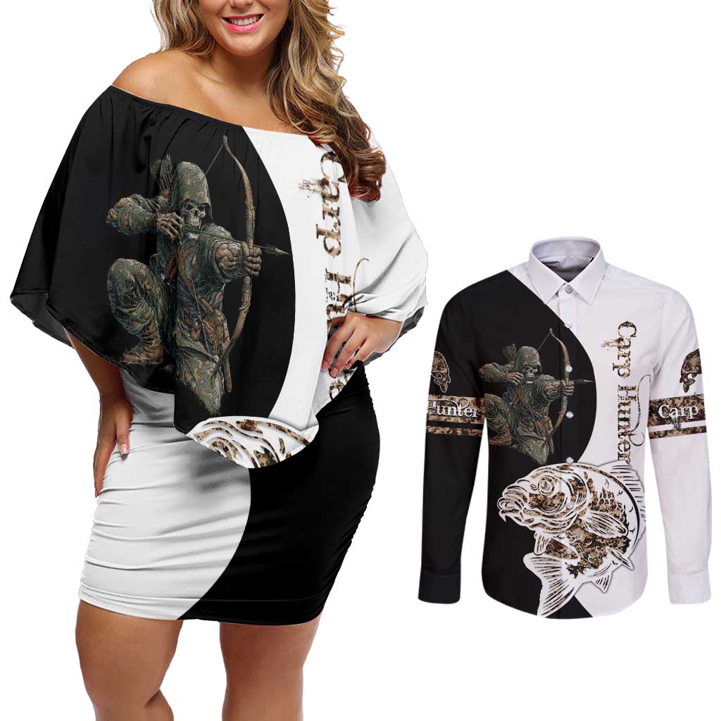 Carp Hunter Bowfishing Customize Name Couples Matching Off Shoulder Short Dress and Long Sleeve Button Shirt Camouflage Archer Graphic and Black White Split Layout - Wonder Print Shop