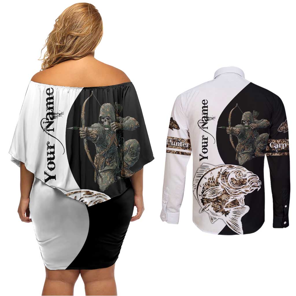 Carp Hunter Bowfishing Customize Name Couples Matching Off Shoulder Short Dress and Long Sleeve Button Shirt Camouflage Archer Graphic and Black White Split Layout - Wonder Print Shop