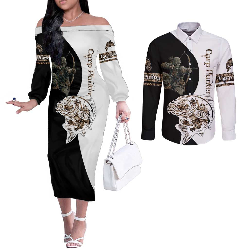 Carp Hunter Bowfishing Customize Name Couples Matching Off The Shoulder Long Sleeve Dress and Long Sleeve Button Shirt Camouflage Archer Graphic and Black White Split Layout - Wonder Print Shop