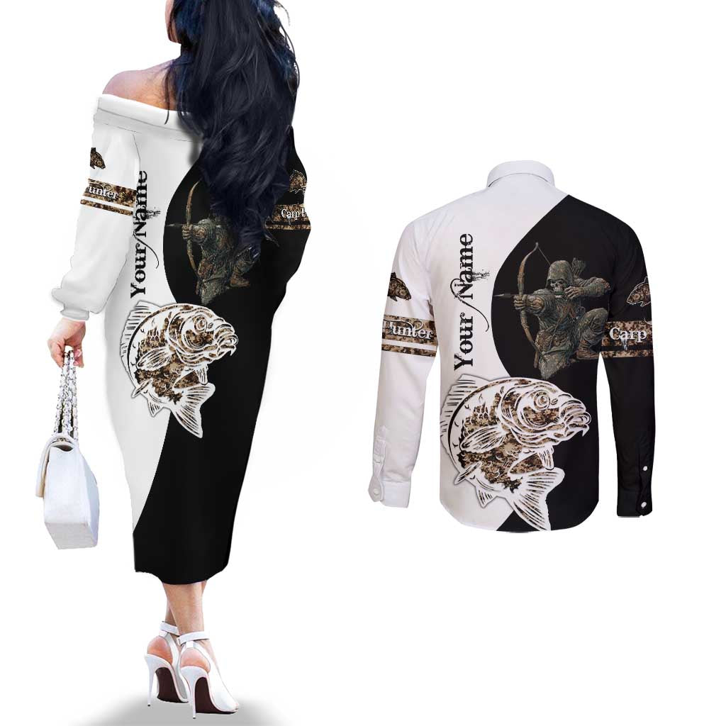 Carp Hunter Bowfishing Customize Name Couples Matching Off The Shoulder Long Sleeve Dress and Long Sleeve Button Shirt Camouflage Archer Graphic and Black White Split Layout - Wonder Print Shop
