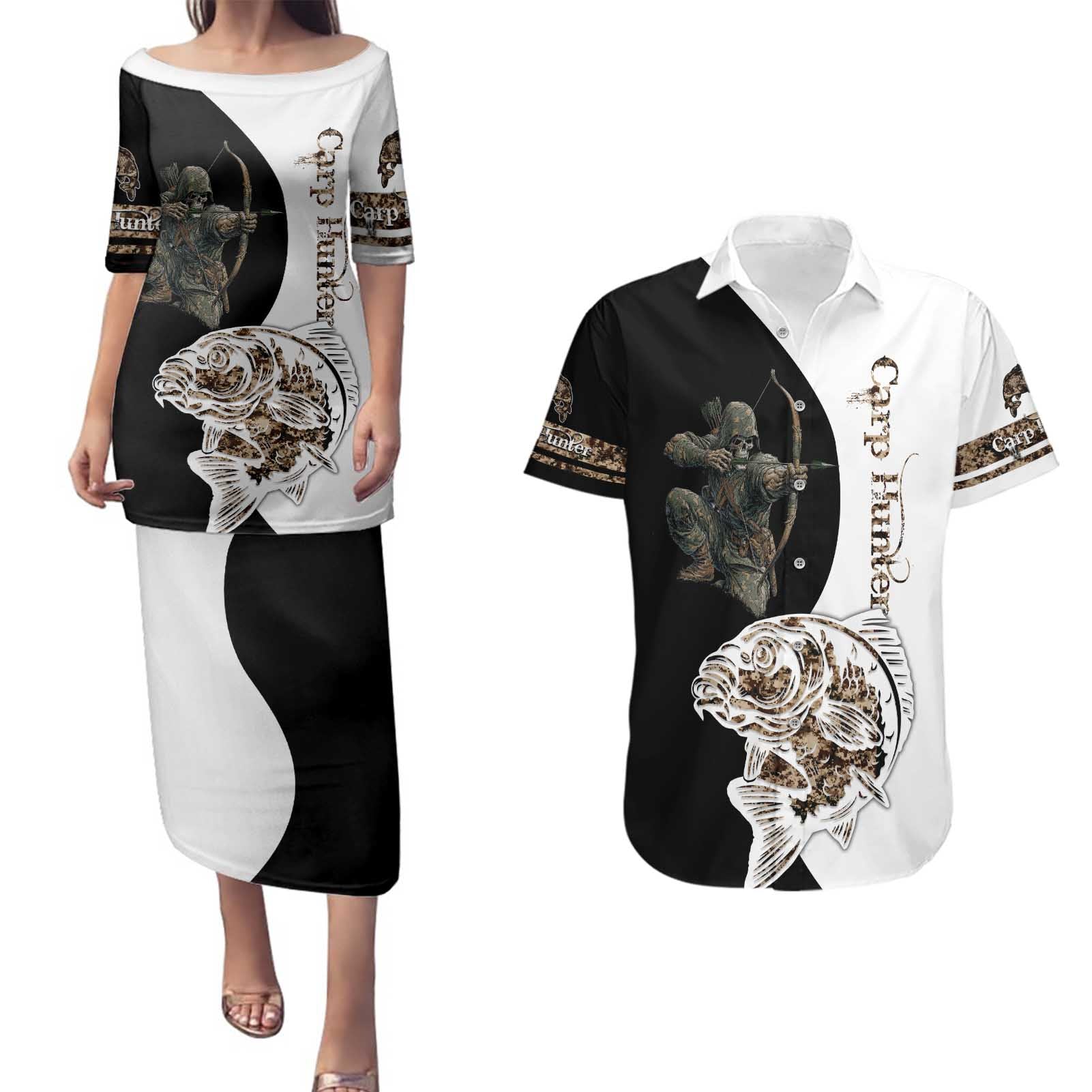 Carp Hunter Bowfishing Customize Name Couples Matching Puletasi and Hawaiian Shirt Camouflage Archer Graphic and Black White Split Layout - Wonder Print Shop