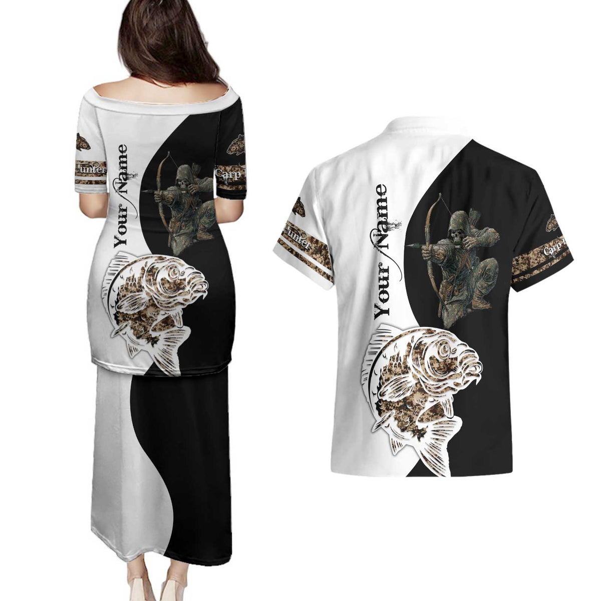 Carp Hunter Bowfishing Customize Name Couples Matching Puletasi and Hawaiian Shirt Camouflage Archer Graphic and Black White Split Layout - Wonder Print Shop