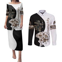 Carp Hunter Bowfishing Customize Name Couples Matching Puletasi and Long Sleeve Button Shirt Camouflage Archer Graphic and Black White Split Layout - Wonder Print Shop