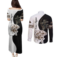 Carp Hunter Bowfishing Customize Name Couples Matching Puletasi and Long Sleeve Button Shirt Camouflage Archer Graphic and Black White Split Layout - Wonder Print Shop