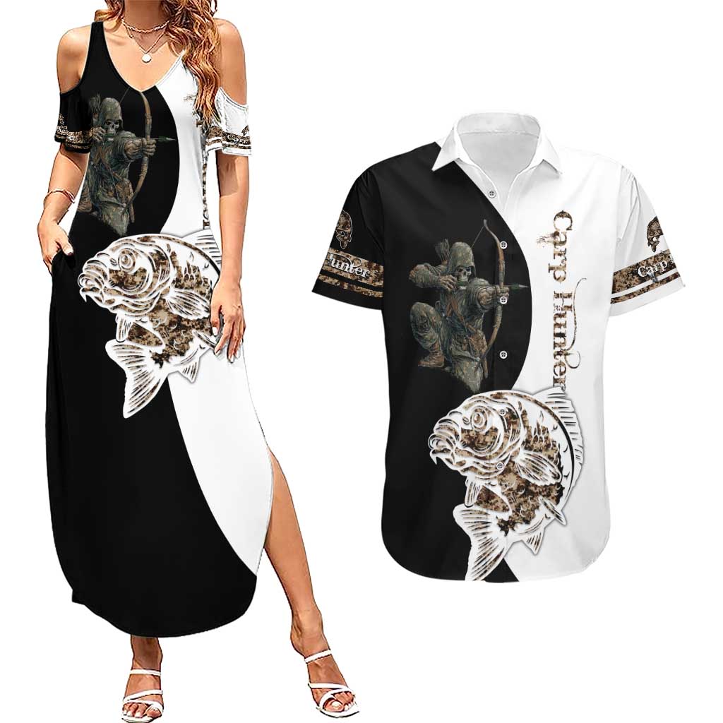 Carp Hunter Bowfishing Customize Name Couples Matching Summer Maxi Dress and Hawaiian Shirt Camouflage Archer Graphic and Black White Split Layout - Wonder Print Shop