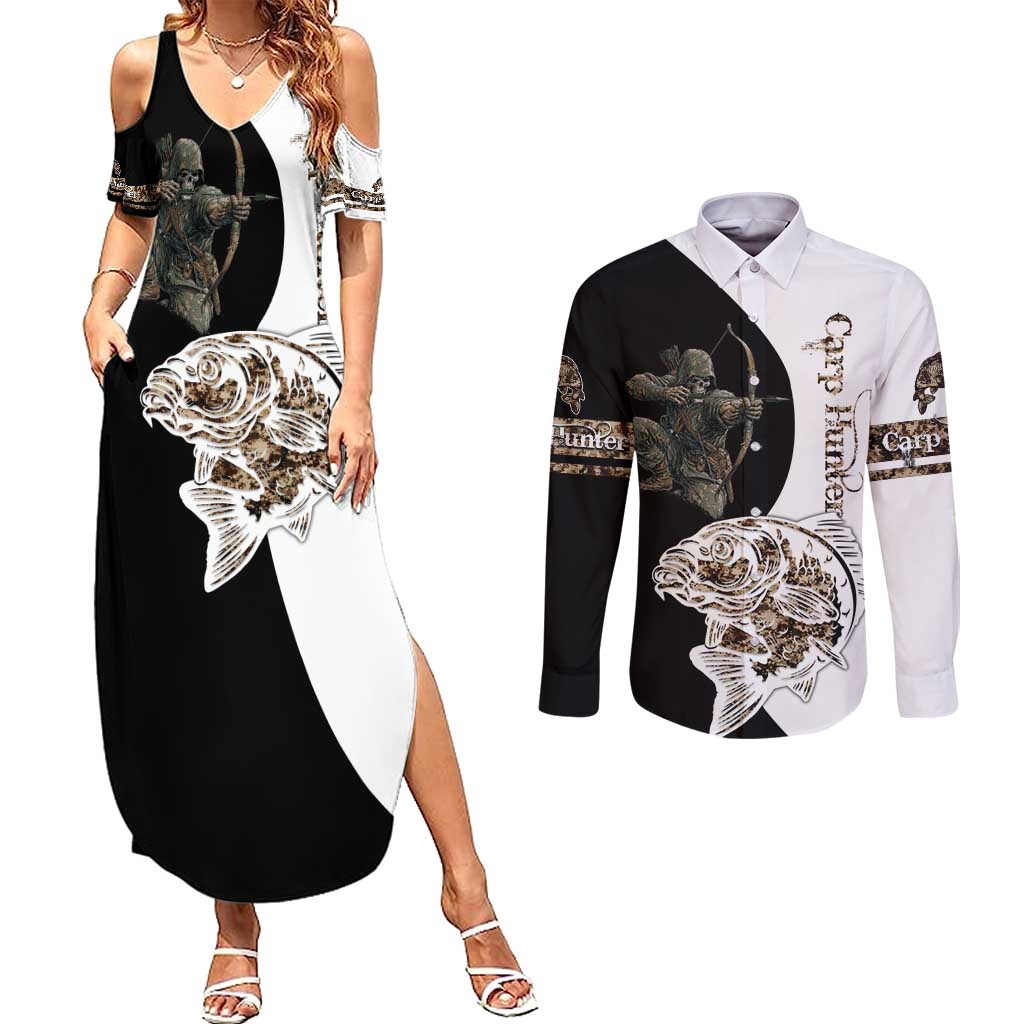 Carp Hunter Bowfishing Customize Name Couples Matching Summer Maxi Dress and Long Sleeve Button Shirt Camouflage Archer Graphic and Black White Split Layout - Wonder Print Shop