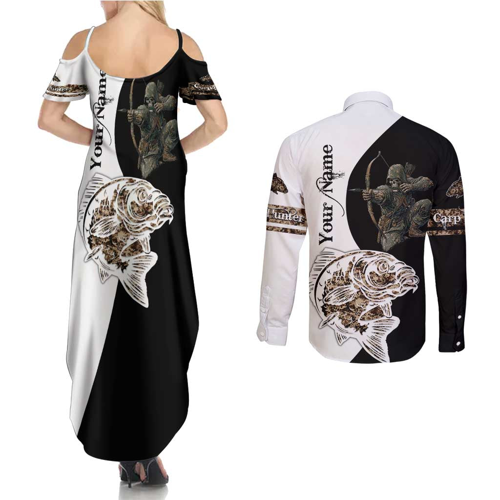 Carp Hunter Bowfishing Customize Name Couples Matching Summer Maxi Dress and Long Sleeve Button Shirt Camouflage Archer Graphic and Black White Split Layout - Wonder Print Shop