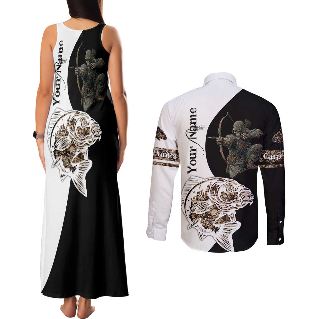 Carp Hunter Bowfishing Customize Name Couples Matching Tank Maxi Dress and Long Sleeve Button Shirt Camouflage Archer Graphic and Black White Split Layout - Wonder Print Shop