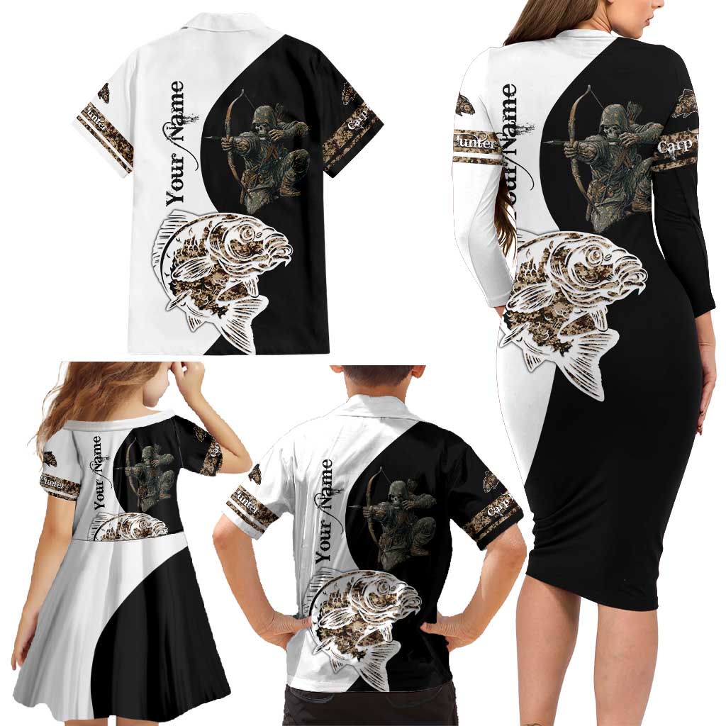 Carp Hunter Bowfishing Customize Name Family Matching Long Sleeve Bodycon Dress and Hawaiian Shirt Camouflage Archer Graphic and Black White Split Layout - Wonder Print Shop