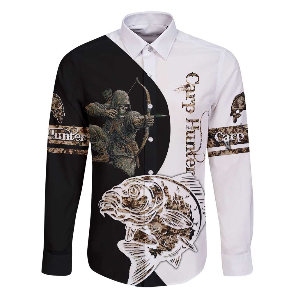 Carp Hunter Bowfishing Customize Name Family Matching Long Sleeve Bodycon Dress and Hawaiian Shirt Camouflage Archer Graphic and Black White Split Layout - Wonder Print Shop