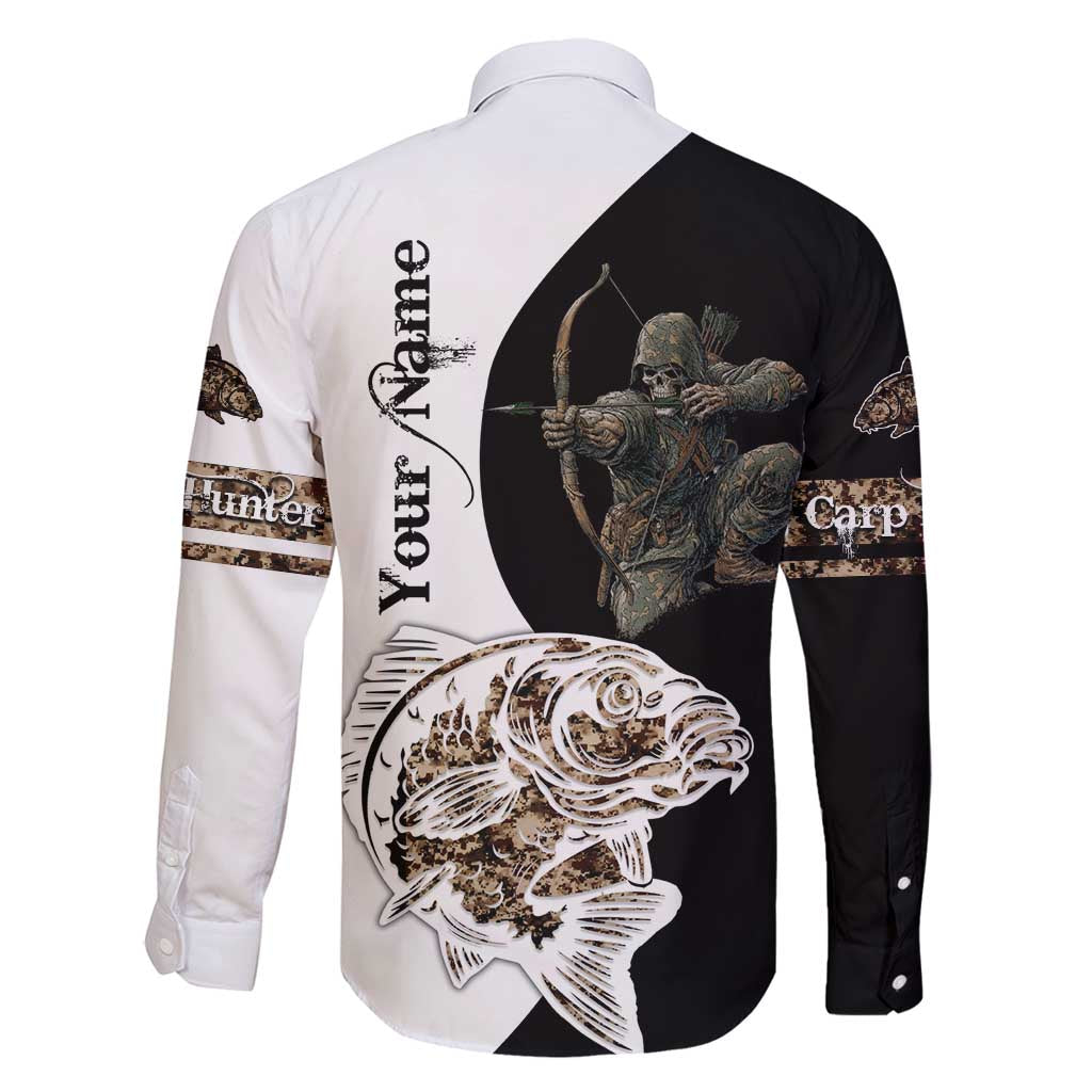 Carp Hunter Bowfishing Customize Name Family Matching Long Sleeve Bodycon Dress and Hawaiian Shirt Camouflage Archer Graphic and Black White Split Layout - Wonder Print Shop