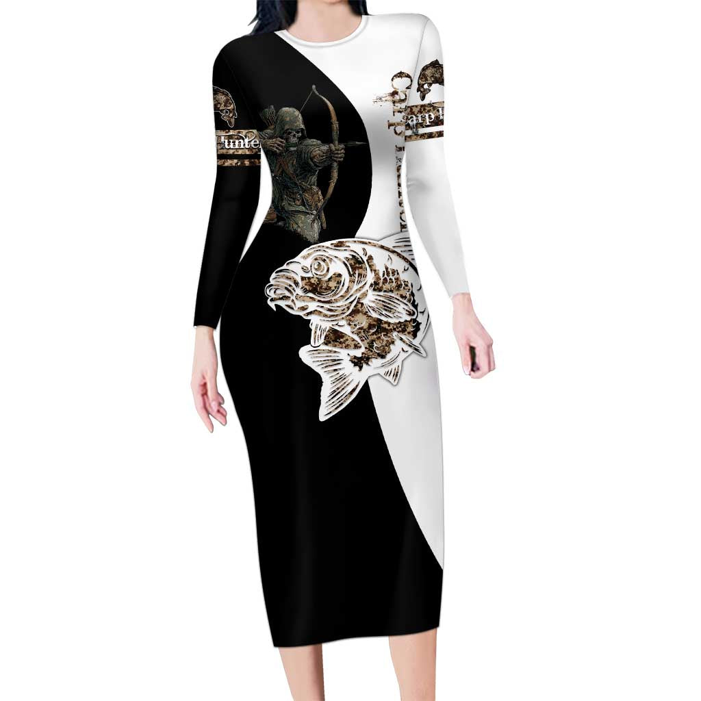 Carp Hunter Bowfishing Customize Name Family Matching Long Sleeve Bodycon Dress and Hawaiian Shirt Camouflage Archer Graphic and Black White Split Layout - Wonder Print Shop