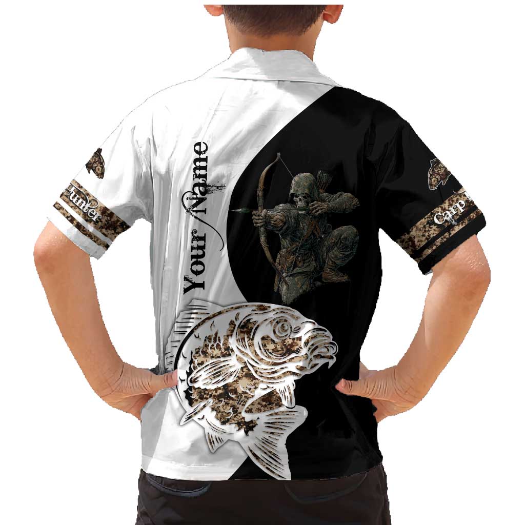 Carp Hunter Bowfishing Customize Name Family Matching Mermaid Dress and Hawaiian Shirt Camouflage Archer Graphic and Black White Split Layout - Wonder Print Shop