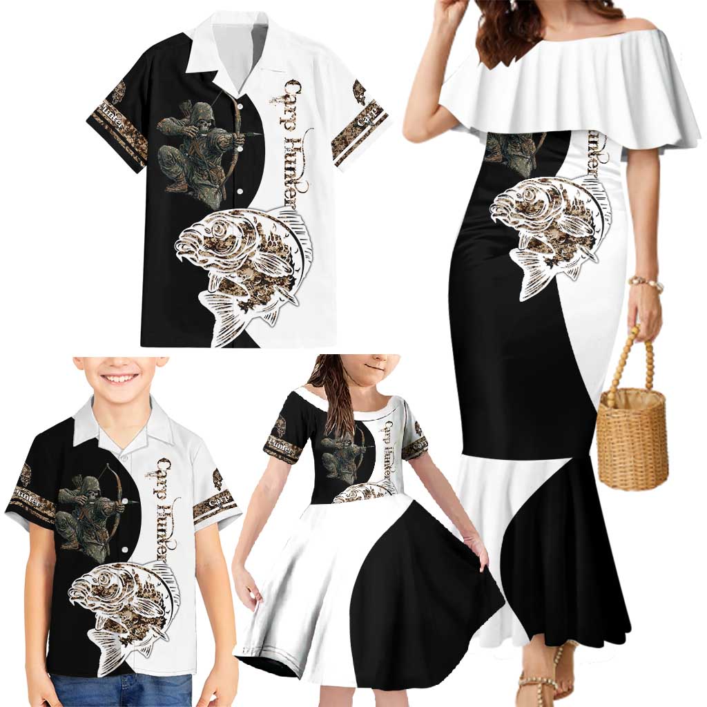 Carp Hunter Bowfishing Customize Name Family Matching Mermaid Dress and Hawaiian Shirt Camouflage Archer Graphic and Black White Split Layout - Wonder Print Shop
