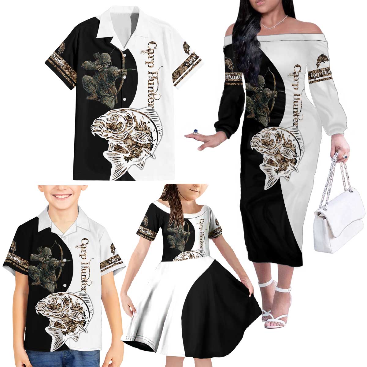 Carp Hunter Bowfishing Customize Name Family Matching Off The Shoulder Long Sleeve Dress and Hawaiian Shirt Camouflage Archer Graphic and Black White Split Layout - Wonder Print Shop