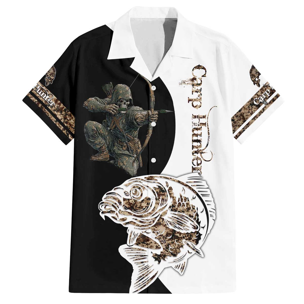 Carp Hunter Bowfishing Customize Name Family Matching Off The Shoulder Long Sleeve Dress and Hawaiian Shirt Camouflage Archer Graphic and Black White Split Layout - Wonder Print Shop
