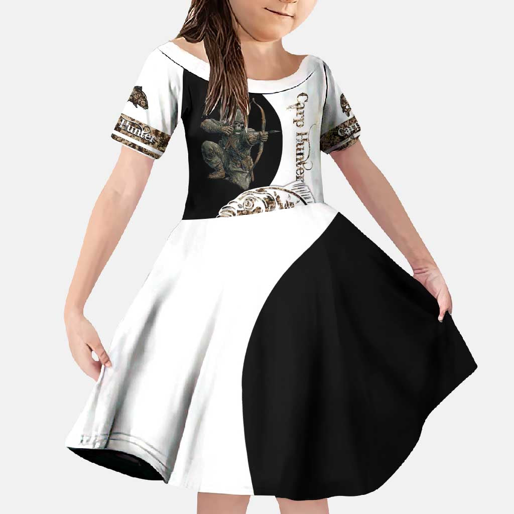 Carp Hunter Bowfishing Customize Name Family Matching Off Shoulder Maxi Dress and Hawaiian Shirt Camouflage Archer Graphic and Black White Split Layout - Wonder Print Shop