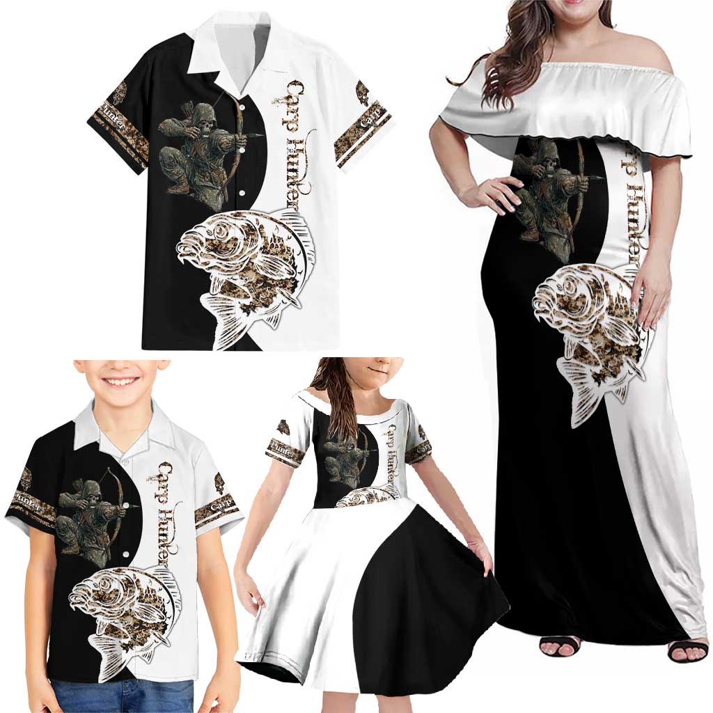Carp Hunter Bowfishing Customize Name Family Matching Off Shoulder Maxi Dress and Hawaiian Shirt Camouflage Archer Graphic and Black White Split Layout - Wonder Print Shop