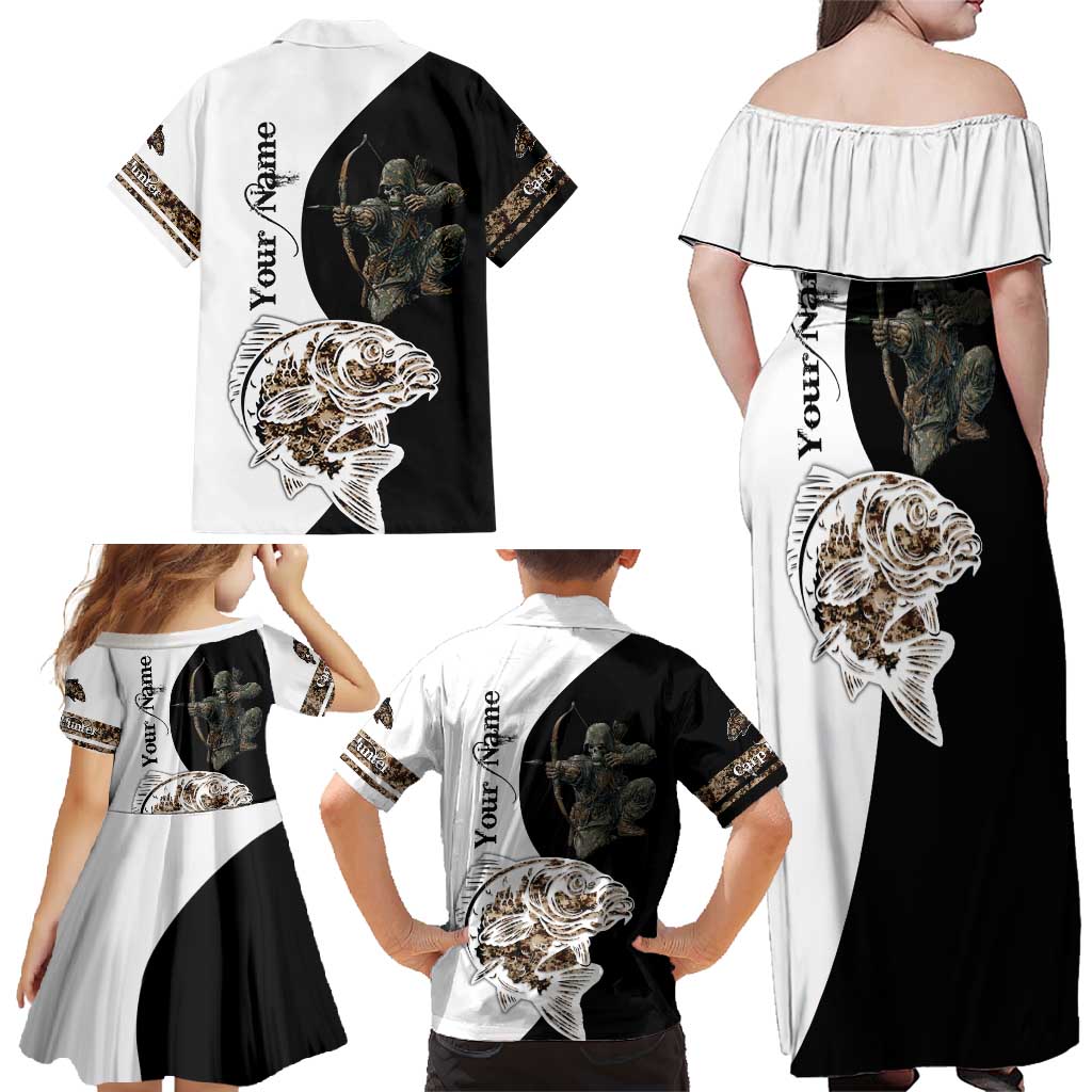 Carp Hunter Bowfishing Customize Name Family Matching Off Shoulder Maxi Dress and Hawaiian Shirt Camouflage Archer Graphic and Black White Split Layout - Wonder Print Shop